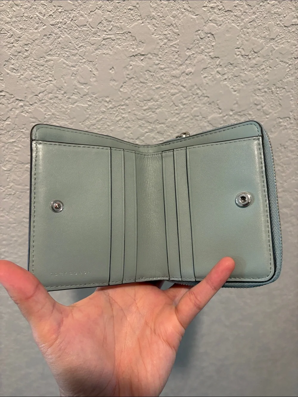 Tory Burch Croc-Embossed Zip Wallet in Pale Gray